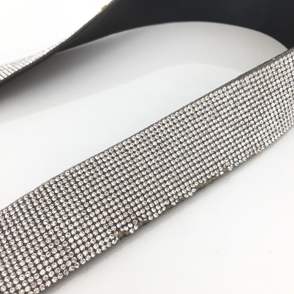 Faux Leather Rhinestone Studded Statement Belt Silver Double Circle Buckle Bling - Picture 5 of 11
